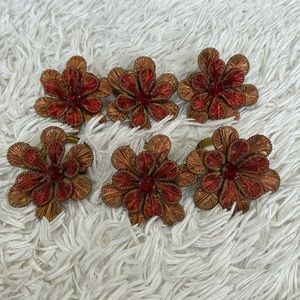 Pier 1 Red And Gold Jeweled & Beaded Flower Napkin Rings, Set of 6
